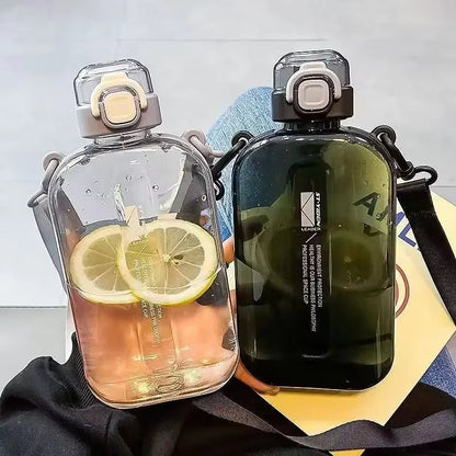 Flat Square Transparent Water Bottle Portable Travel Canteen with Adjustable Strap Elegant Slim Bottle for Sport Camping Allinoneshop-24