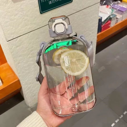 Flat Square Transparent Water Bottle Portable Travel Canteen with Adjustable Strap Elegant Slim Bottle for Sport Camping Allinoneshop-24