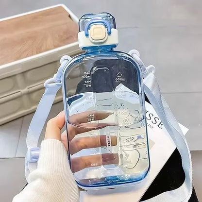 Flat Square Transparent Water Bottle Portable Travel Canteen with Adjustable Strap Elegant Slim Bottle for Sport Camping Allinoneshop-24