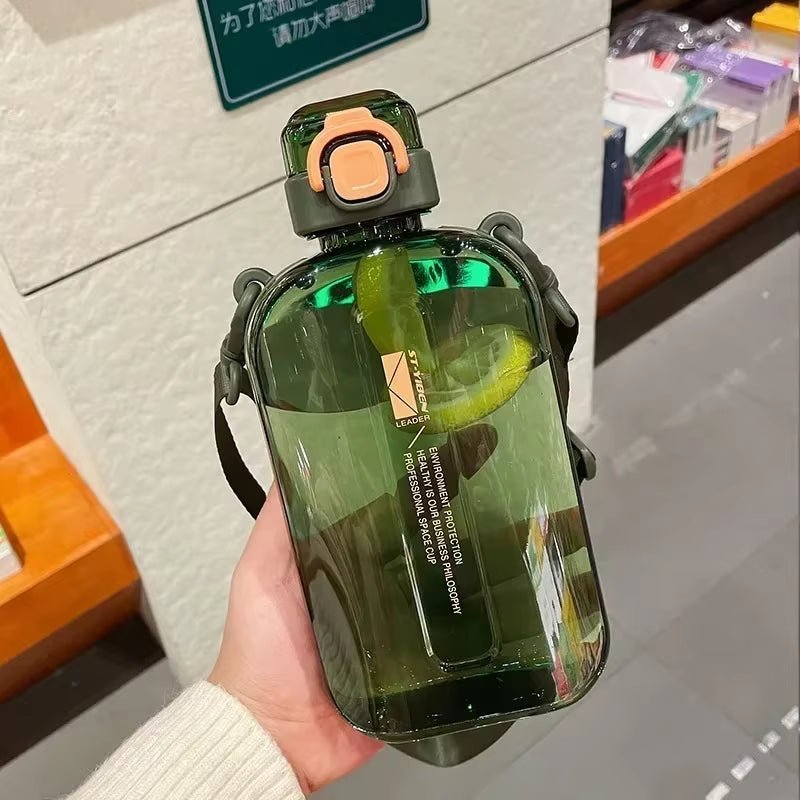 Flat Square Transparent Water Bottle Portable Travel Canteen with Adjustable Strap Elegant Slim Bottle for Sport Camping Allinoneshop-24