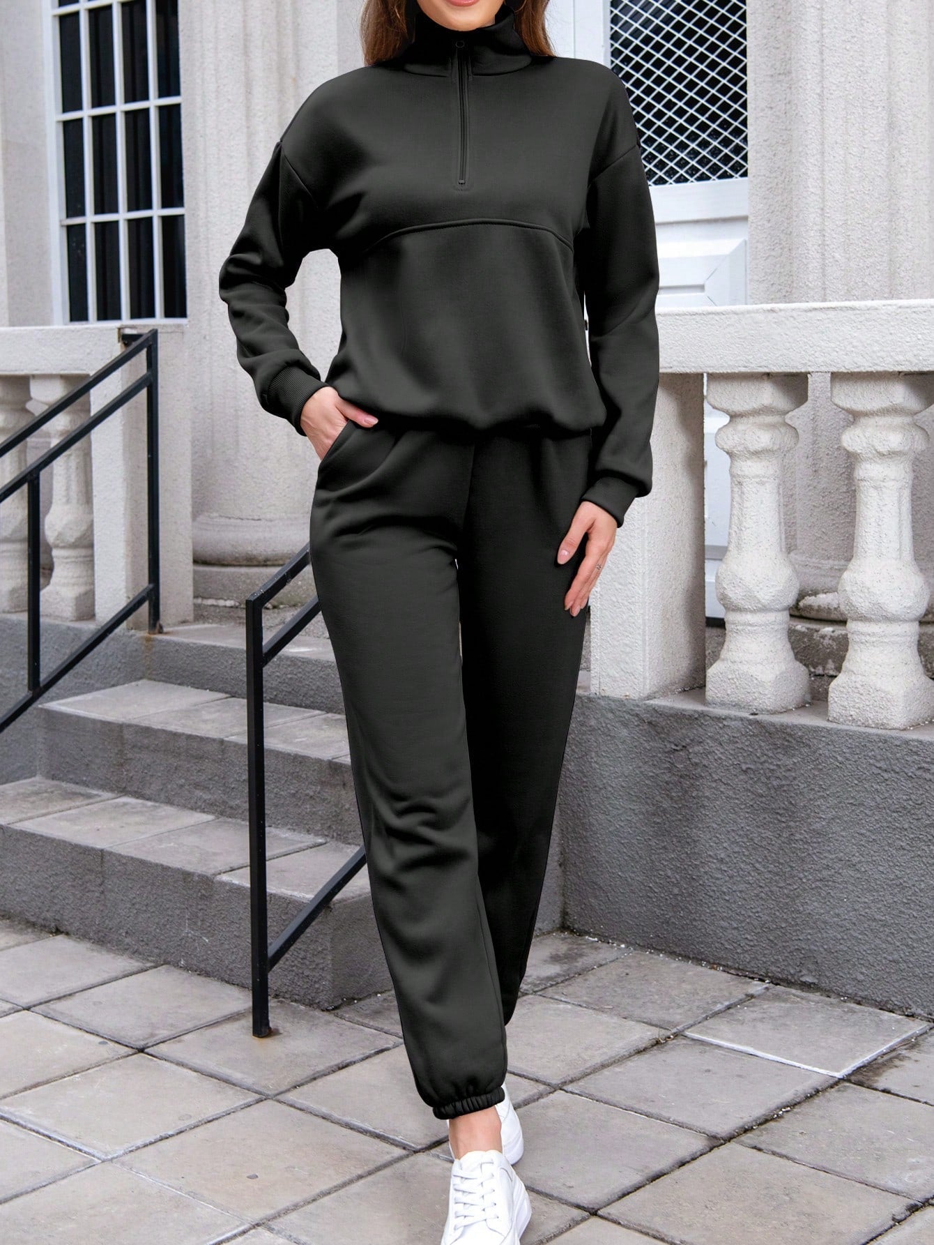 INAWLY Women'S Half Zipper Drop Shoulder Sweatshirt and Jogger Pants Two Piece Set Allinoneshop-24
