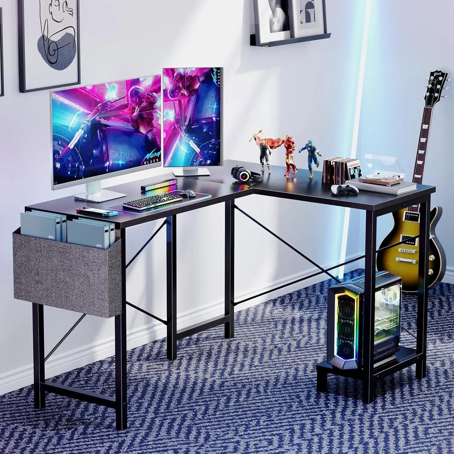 L Shaped Desk. 50-Inch Computer Desk. Corner Gaming Desk. CPU Stand. Home Office. Black. Allinoneshop-24
