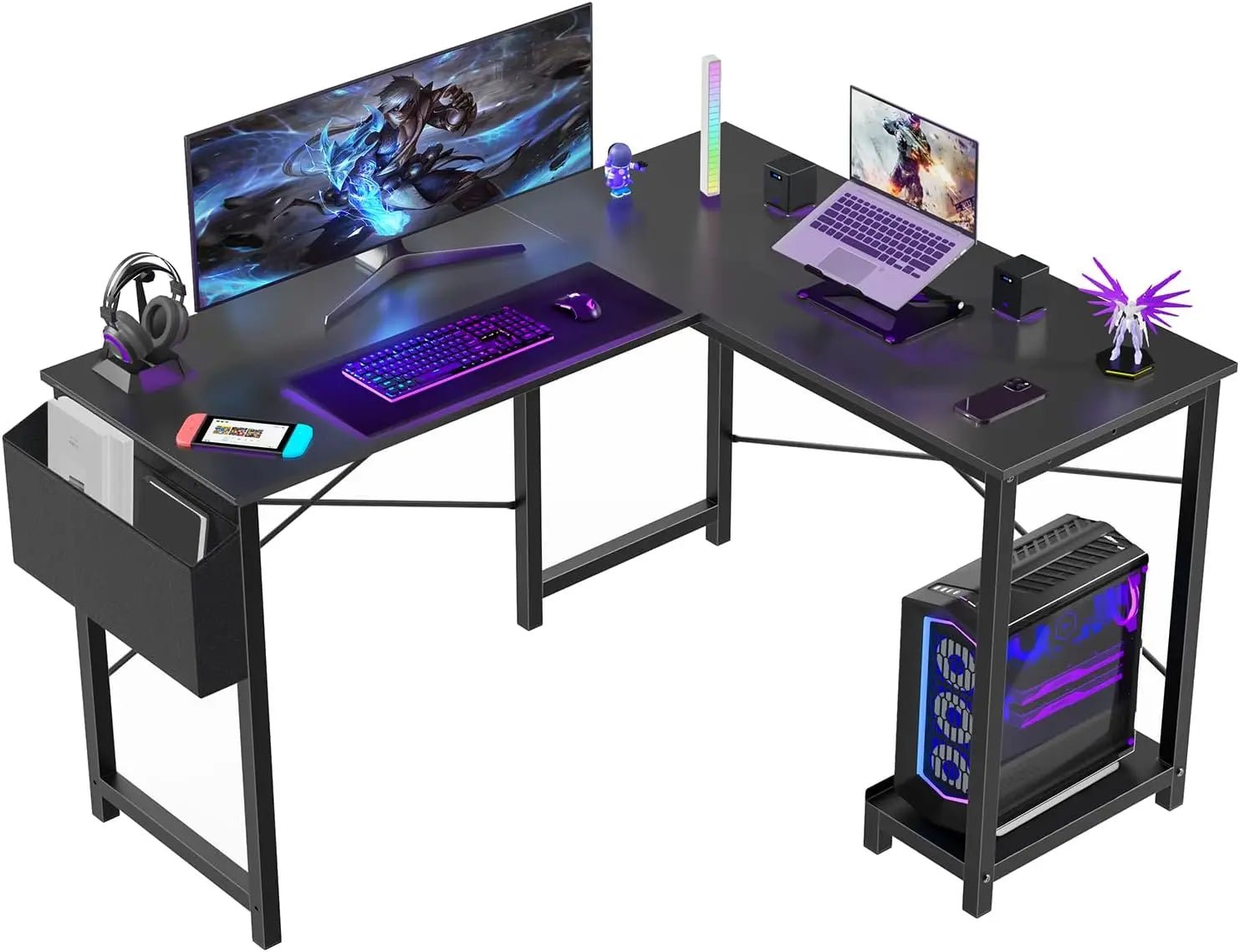 L Shaped Desk. 50-Inch Computer Desk. Corner Gaming Desk. CPU Stand. Home Office. Black. Allinoneshop-24