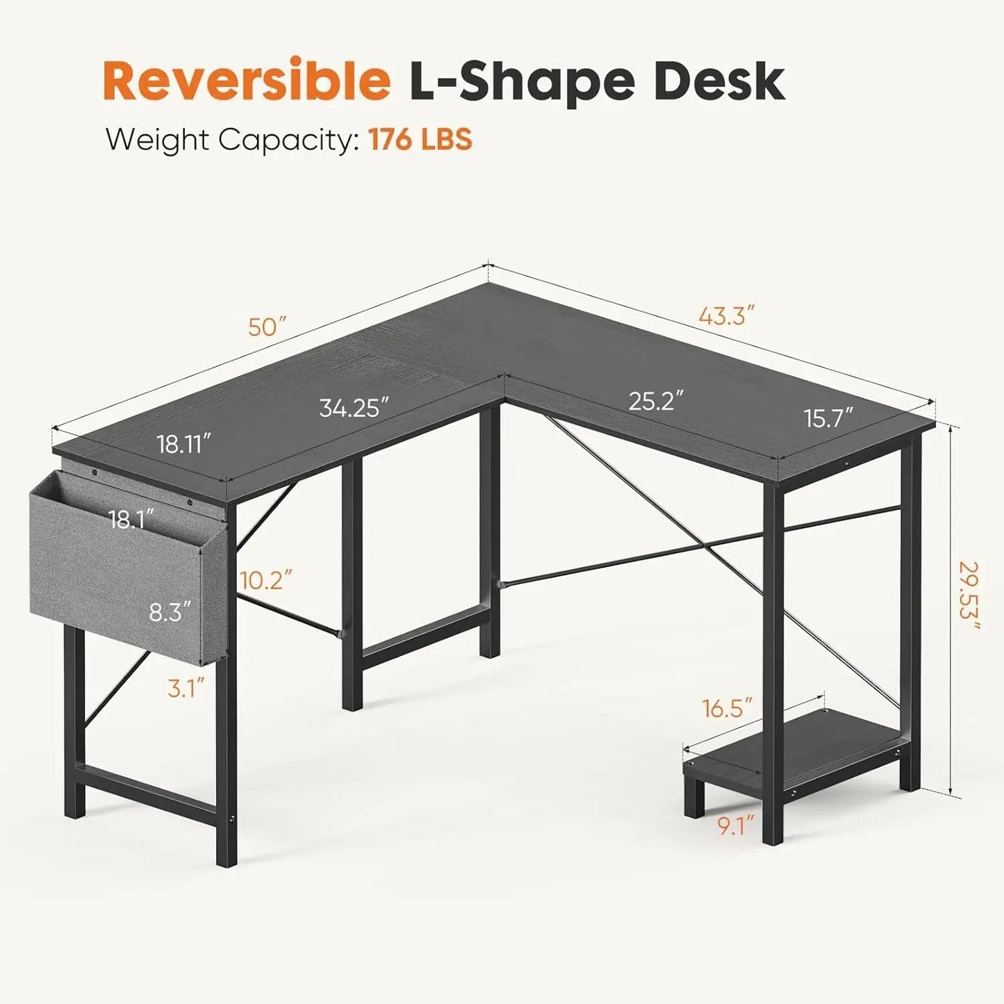 L Shaped Desk. 50-Inch Computer Desk. Corner Gaming Desk. CPU Stand. Home Office. Black. Allinoneshop-24