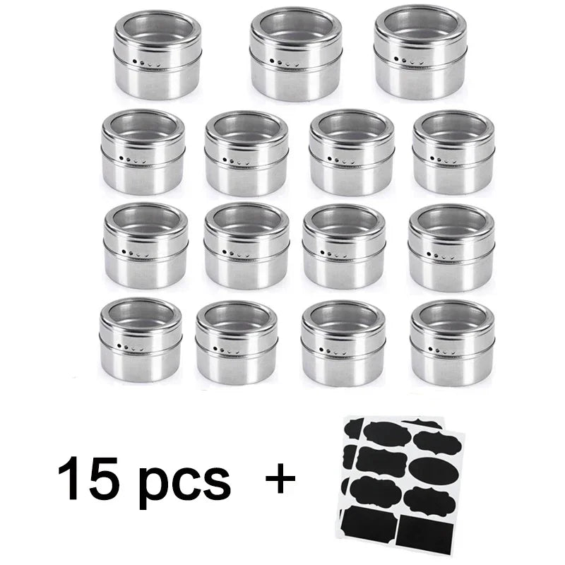 Magnetic Spice Jar Stainless Steel Seasoning Pot Set Household Condiment Bottle Storage Tank Rack with Stickers Kitchen Tools Allinoneshop-24