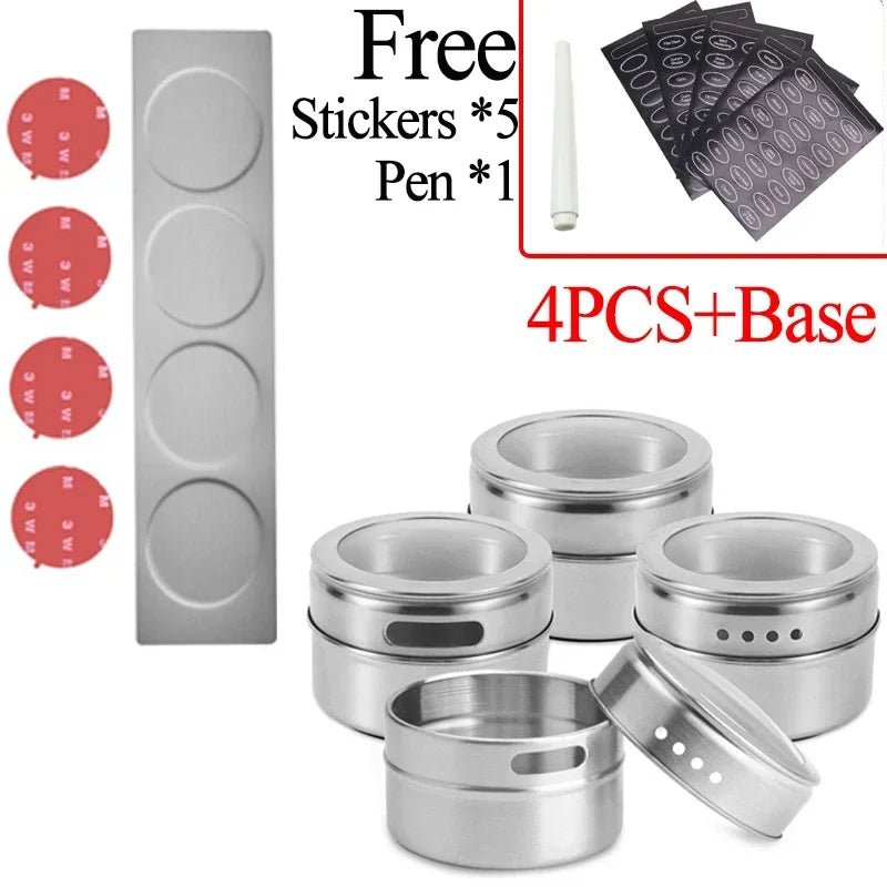 Magnetic Spice Jar Stainless Steel Seasoning Pot Set Household Condiment Bottle Storage Tank Rack with Stickers Kitchen Tools Allinoneshop-24