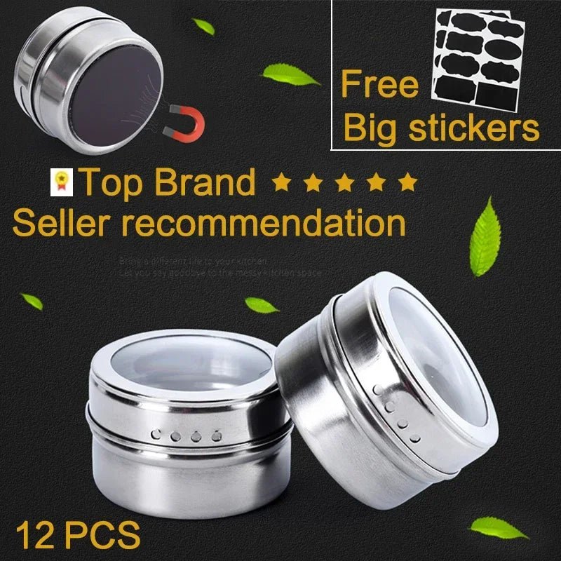 Magnetic Spice Jar Stainless Steel Seasoning Pot Set Household Condiment Bottle Storage Tank Rack with Stickers Kitchen Tools Allinoneshop-24