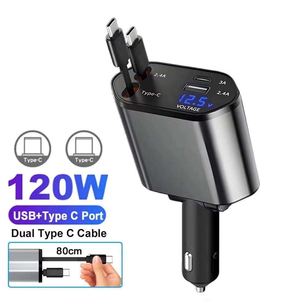 PD Car Charger 120W Quick Charger with 2 Retractable Cables Type C Fast Car Charger Voltmeter 4 in 1 Power for Iphone Huawei Allinoneshop-24
