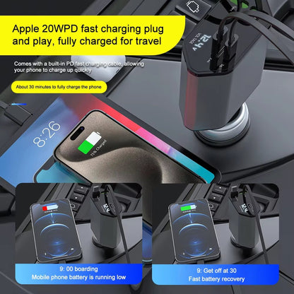 PD Car Charger 120W Quick Charger with 2 Retractable Cables Type C Fast Car Charger Voltmeter 4 in 1 Power for Iphone Huawei Allinoneshop-24