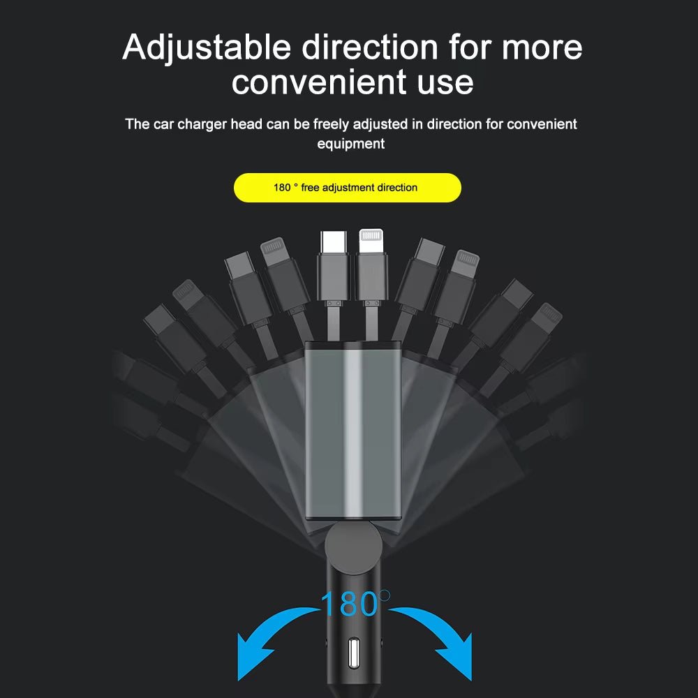 PD Car Charger 120W Quick Charger with 2 Retractable Cables Type C Fast Car Charger Voltmeter 4 in 1 Power for Iphone Huawei Allinoneshop-24