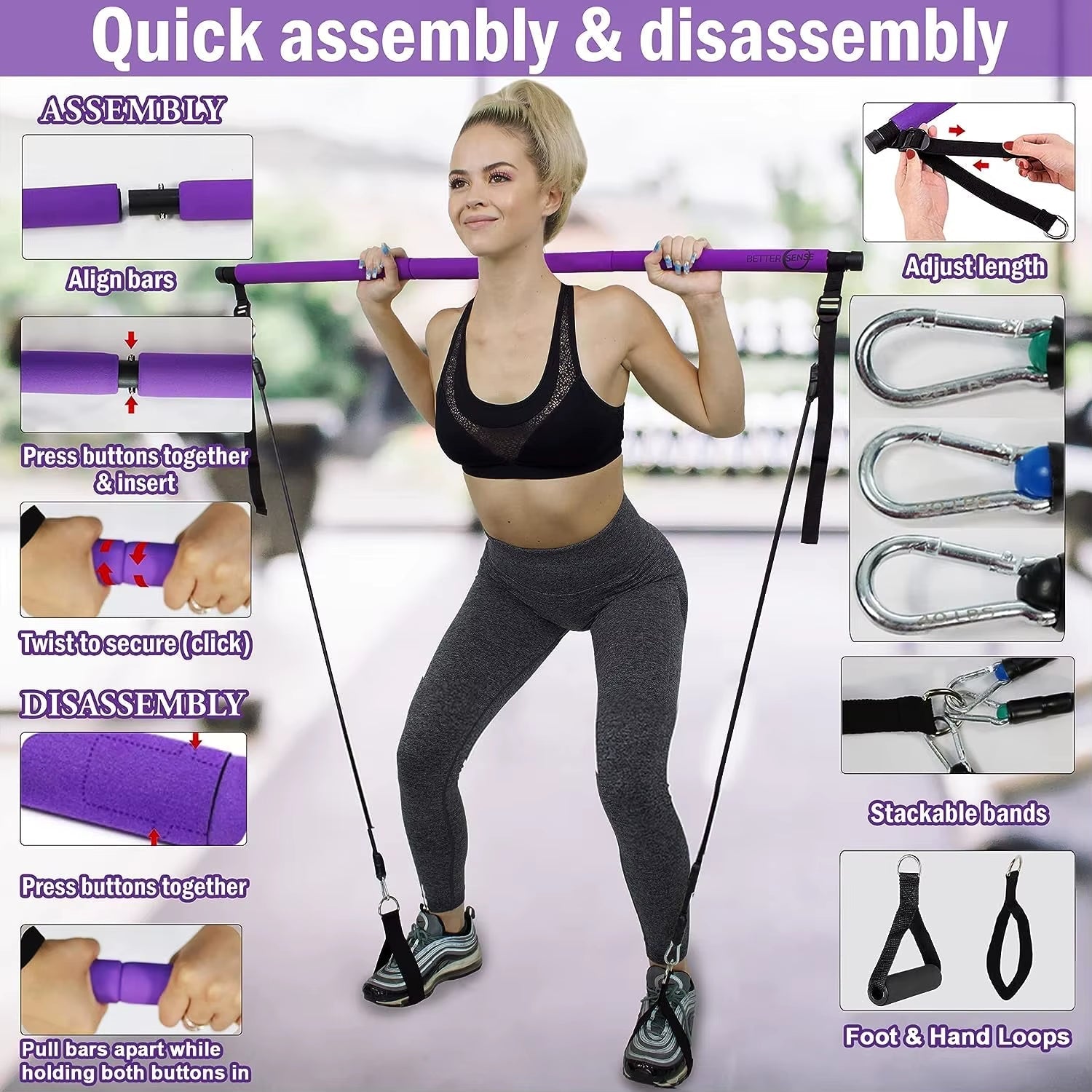 Portable Pilates Bar Kit with Resistance Bands for Exercise Resistance Bands Home Gym Equipment Supports Full Body Workouts Allinoneshop-24