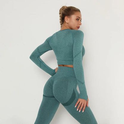 Seamless Women Gym Set Long Sleeve Top Belly Control High Waist Sport Leggings Gym Clothes Girls Tracksuit Sport Suit Sportwear Allinoneshop-24