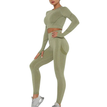 Seamless Women Gym Set Long Sleeve Top Belly Control High Waist Sport Leggings Gym Clothes Girls Tracksuit Sport Suit Sportwear Allinoneshop-24
