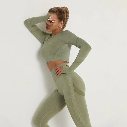 Seamless Women Gym Set Long Sleeve Top Belly Control High Waist Sport Leggings Gym Clothes Girls Tracksuit Sport Suit Sportwear Allinoneshop-24
