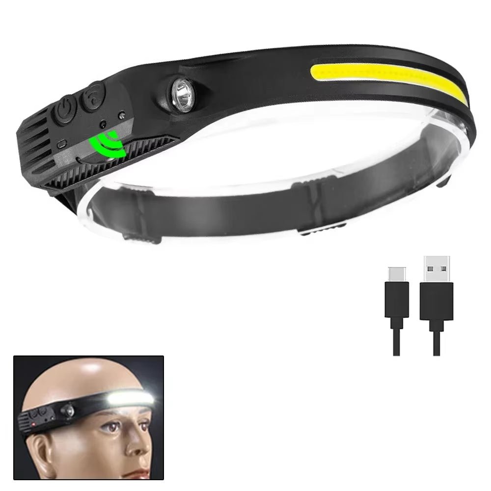 Sensor Headlamp COB LED Head Lamp Flashlight USB Rechargeable Head Torch 5 Lighting Modes Head Light with Built-In Battery Allinoneshop-24