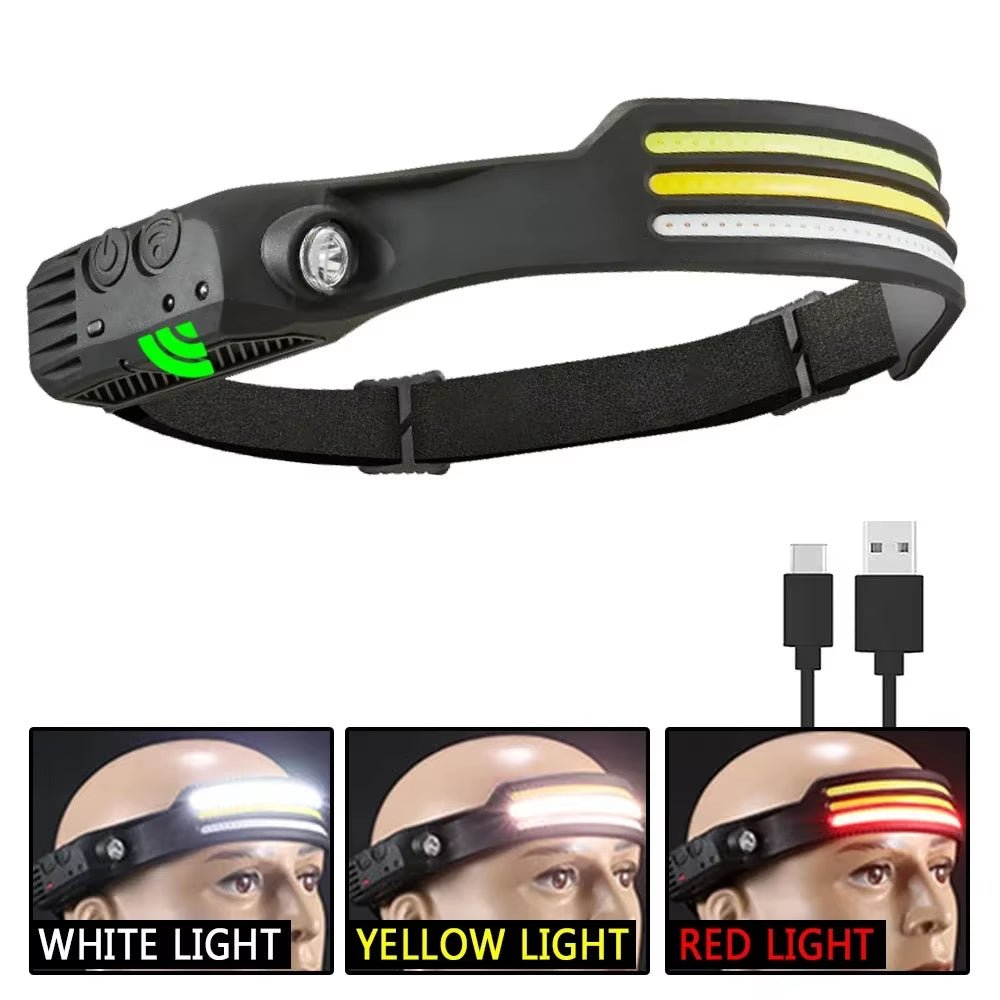 Sensor Headlamp COB LED Head Lamp Flashlight USB Rechargeable Head Torch 5 Lighting Modes Head Light with Built-In Battery Allinoneshop-24