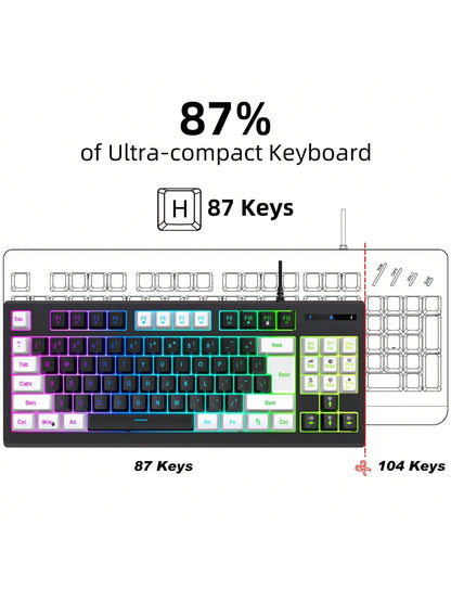 Snpurdiri Snpurdiri Rgb Illuminated, Compact Gaming Keyboard, Usb Cable 87-Key Gaming Keyboard, Led Rainbow Backlit Keyboard, Membrane Keyboard, Suitable for Laptop, Pc Gaming, and Work Keyboard Allinoneshop-24