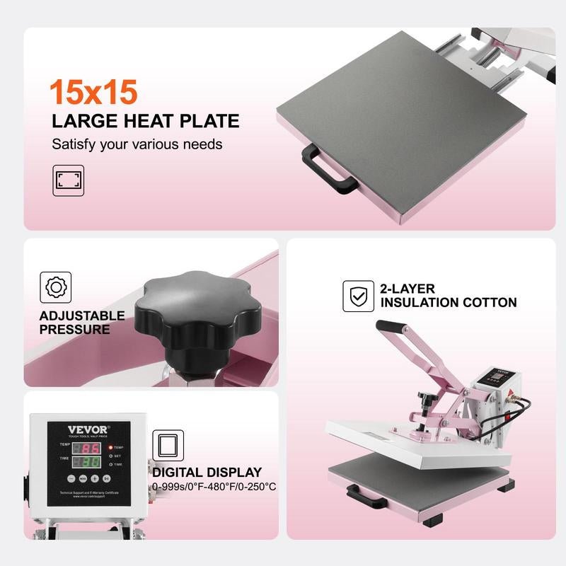 VEVOR Heat Press, 15 X 15 Inch Digital Heat Press Machine, Slide Out Heat Transfer Machine, Fast and Even Heating, 2-Layer Insulation Cotton, Heat Transfer Machine for T-Shirts/Pillows/Bags, Pink Allinoneshop-24