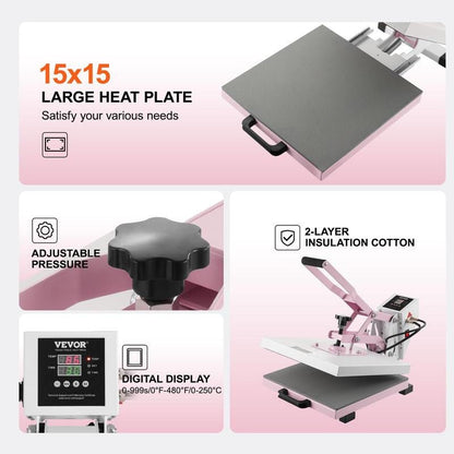 VEVOR Heat Press, 15 X 15 Inch Digital Heat Press Machine, Slide Out Heat Transfer Machine, Fast and Even Heating, 2-Layer Insulation Cotton, Heat Transfer Machine for T-Shirts/Pillows/Bags, Pink Allinoneshop-24