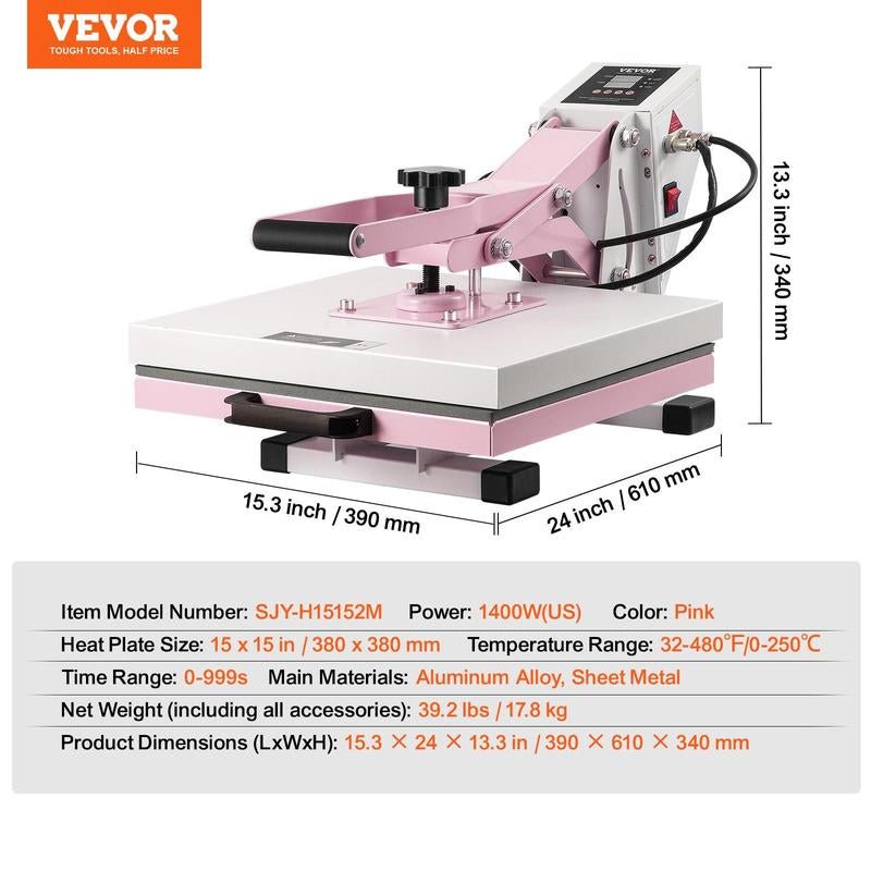 VEVOR Heat Press, 15 X 15 Inch Digital Heat Press Machine, Slide Out Heat Transfer Machine, Fast and Even Heating, 2-Layer Insulation Cotton, Heat Transfer Machine for T-Shirts/Pillows/Bags, Pink Allinoneshop-24
