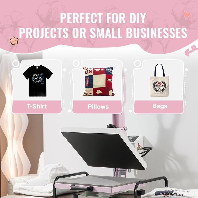 VEVOR Heat Press, 15 X 15 Inch Digital Heat Press Machine, Slide Out Heat Transfer Machine, Fast and Even Heating, 2-Layer Insulation Cotton, Heat Transfer Machine for T-Shirts/Pillows/Bags, Pink Allinoneshop-24