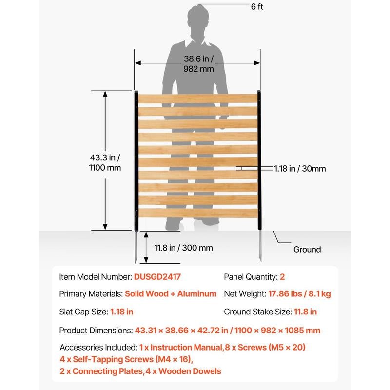VEVOR Wood Privacy Fence, 38" W X 42" L, 2-Panel Slatted Air Conditioner Fence Screen, Pool Equipment Enclosure with Metal Stakes, Easy DIY Installation, Outdoor Trash Can Hider for Garden Decoration Allinoneshop-24