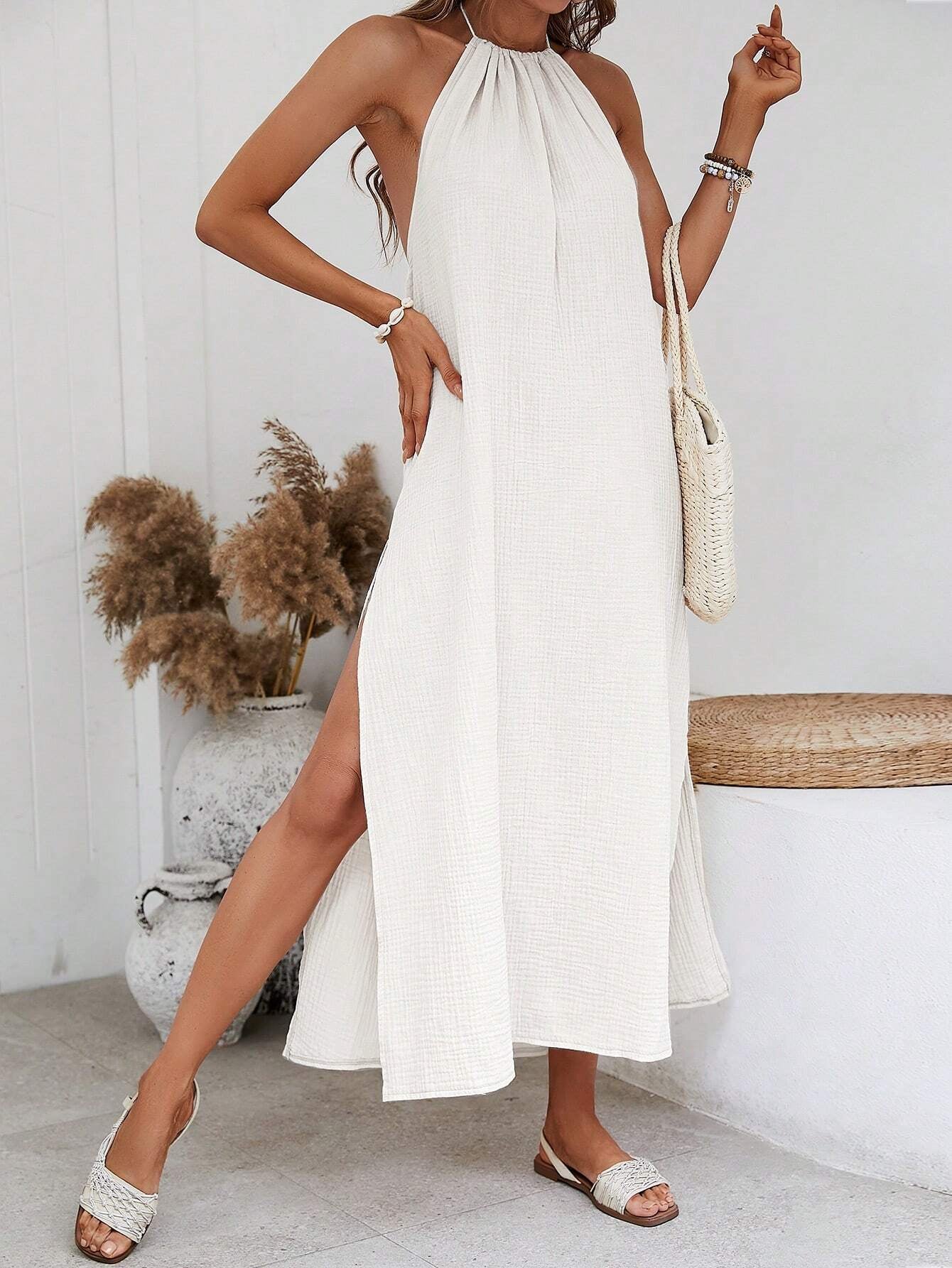 X Tarsha Whitmore  VCAY Solid Split Thigh Halter Backless Dress Allinoneshop-24