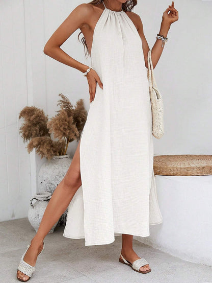 X Tarsha Whitmore  VCAY Solid Split Thigh Halter Backless Dress Allinoneshop-24