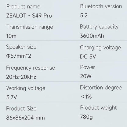 ZEALOT S49Pro Wireless Portable Speaker, 20W High Power Long Endurance Waterproof Speaker with RGB Light Effect, Rechargeable Speaker, High Power Speaker, Bluetooth-Compatible Speaker for Indoor, Outdoor, Hiking, Camping Allinoneshop-24